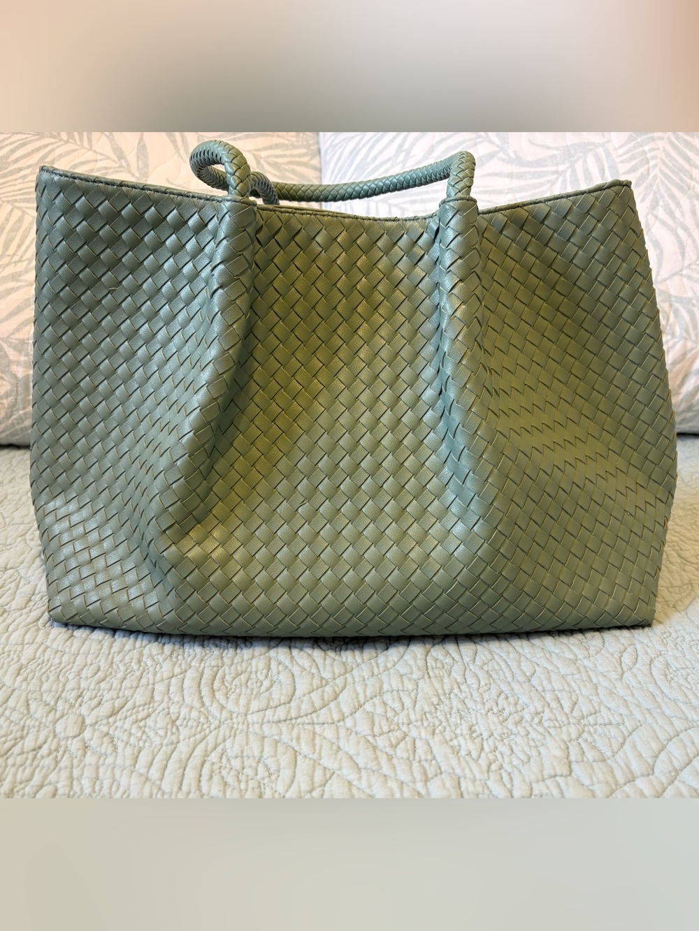 Lulu Dharma Woven Vegan Leather Tote Bag in Sage Green